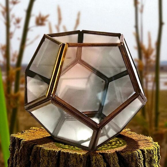 Geometric Glass Brass Terrarium Octagon Planter Display Case Candle Holder Vtg - Picture 12 of 16